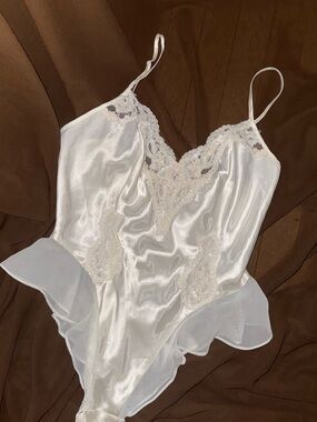 Victorias Secret Satin Lace Trim White Teddy